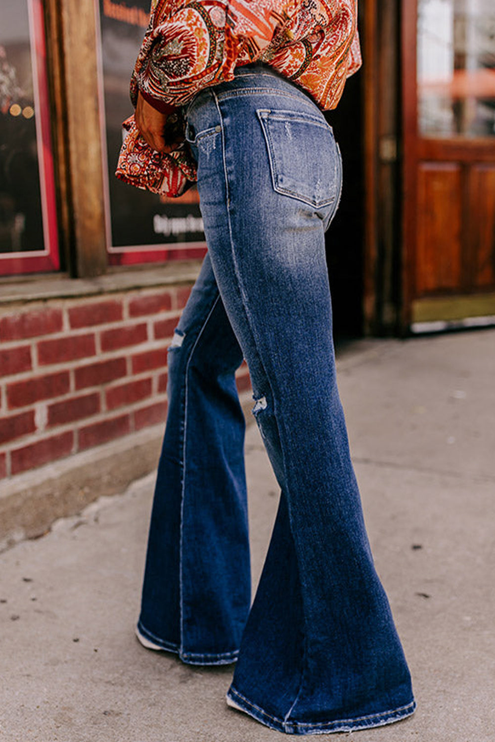 Sky Blue Button Fly Ripped High Waist Flare Jeans - LA Grand