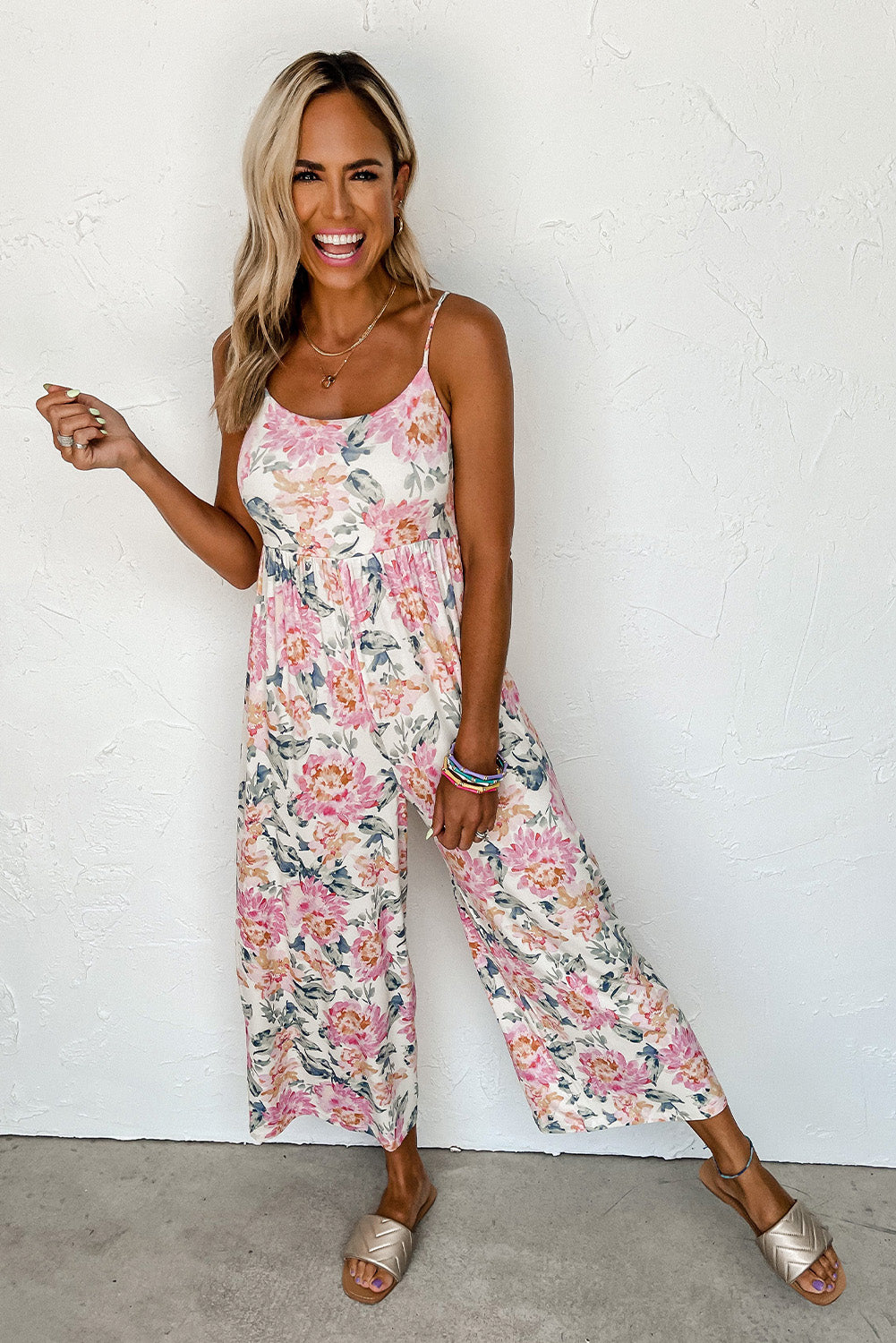 White Floral Spaghetti Straps Wide Leg Jumpsuit - LA Grand