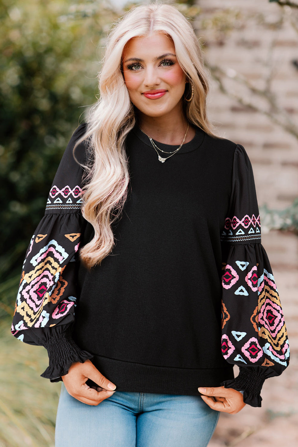 Black Printed Balloon Sleeve Crew Neck Blouse - LA Grand