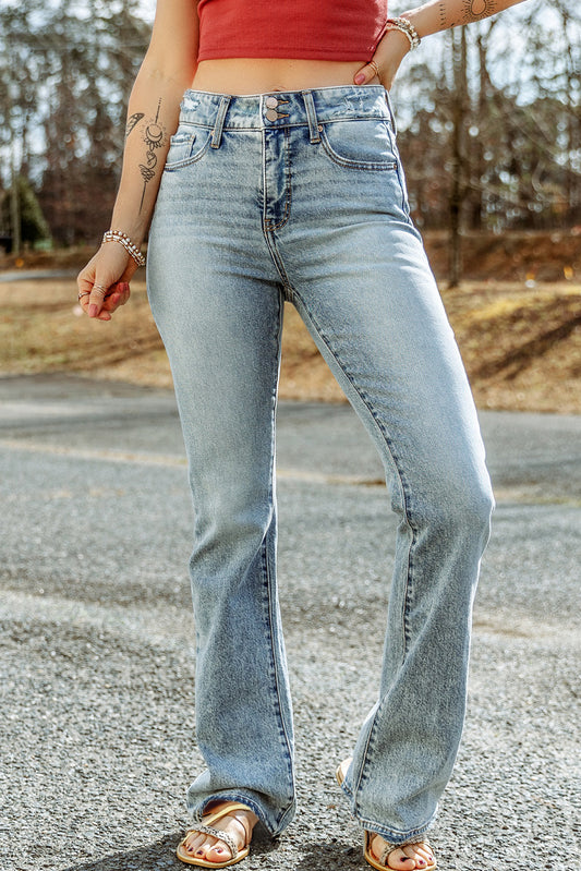 Sky Blue Subtle Ripped Detail Flare Bottom Jeans - LA Grand