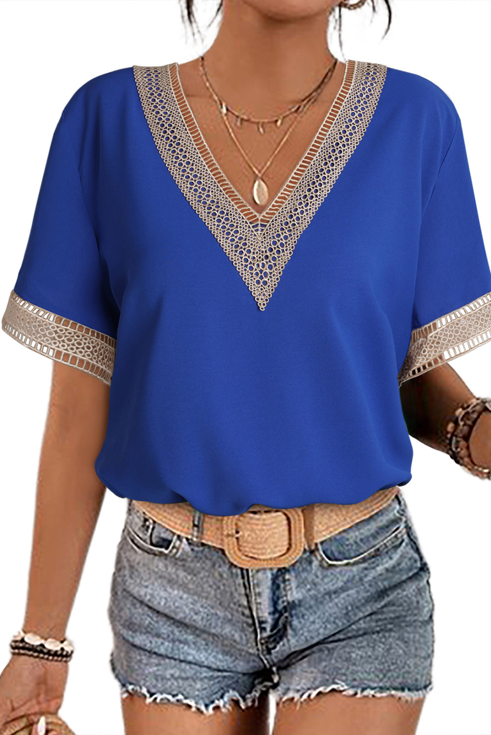 Blue Lace Trim V Neck Short Sleeve Blouse - LA Grand