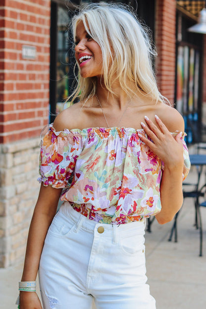 Multicolor Floral Print Off Shoulder Puff Sleeve Blouse - LA Grand