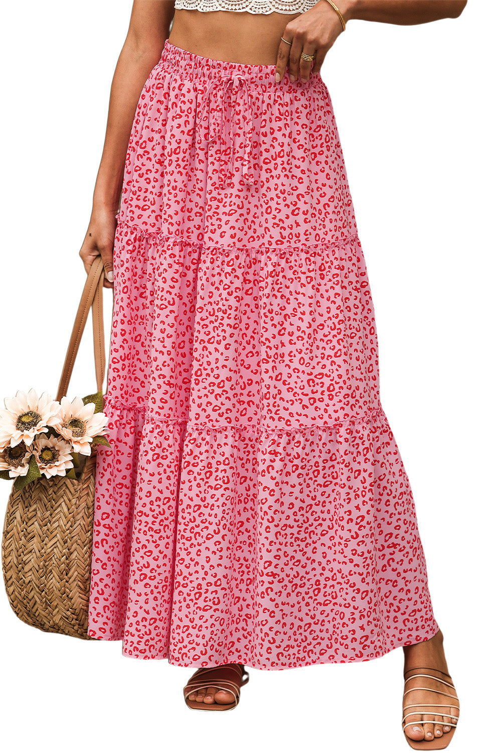 Pink Leopard Print Frilled Drawstring High Waist Maxi Skirt - LA Grand