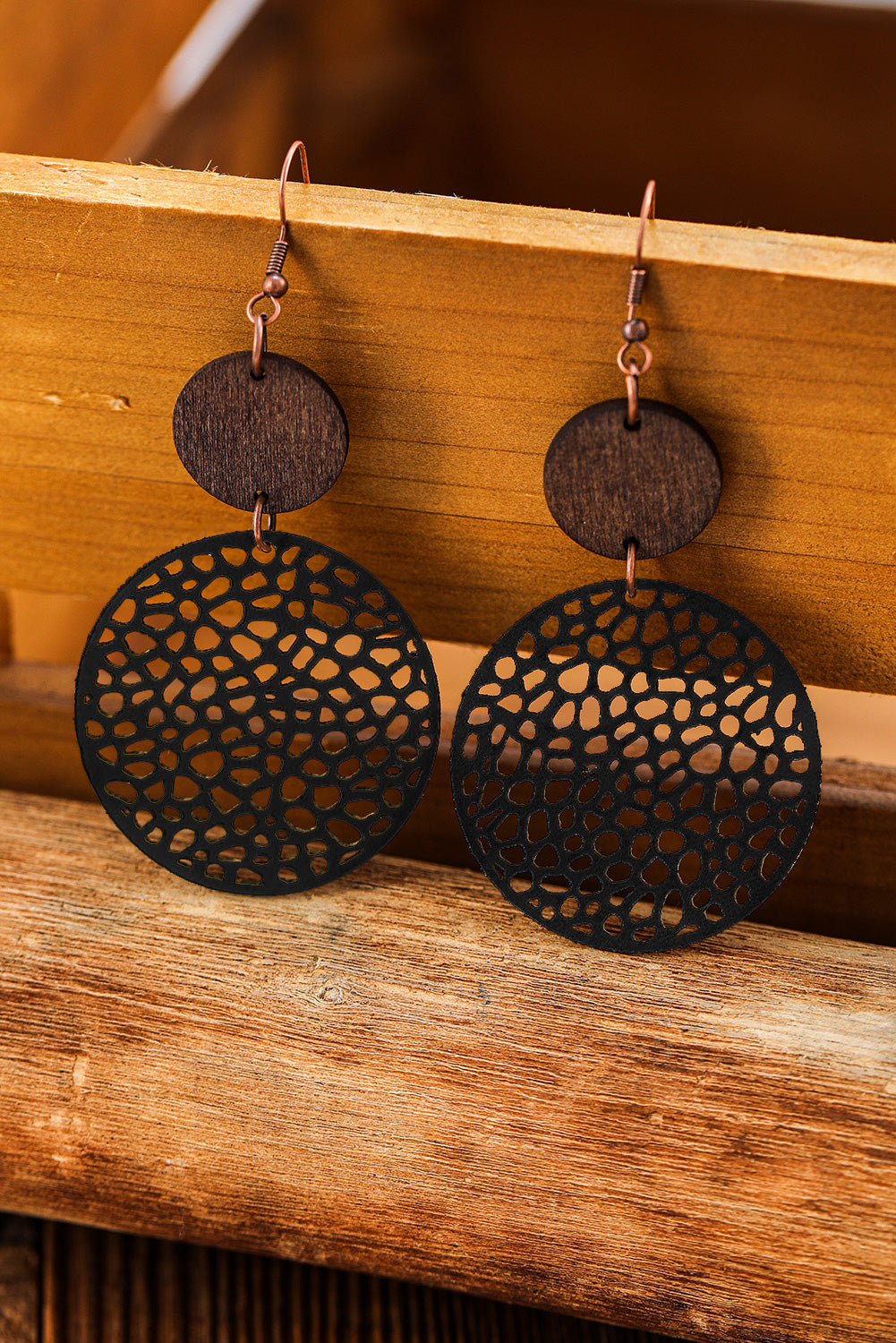 Beige Hollow Out Wooden Round Drop Earrings - LA Grand