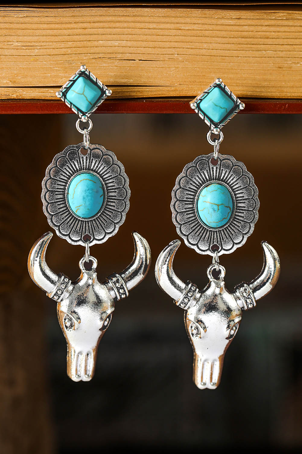 Silver Turquoise Gem Stone Flower Steer Head Boho Earrings - LA Grand