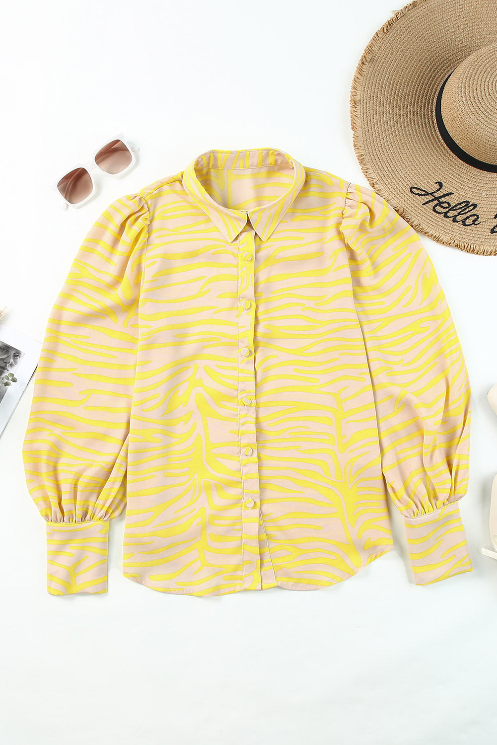 Yellow Zebra Stripes Print Lantern Sleeve Shirt - LA Grand