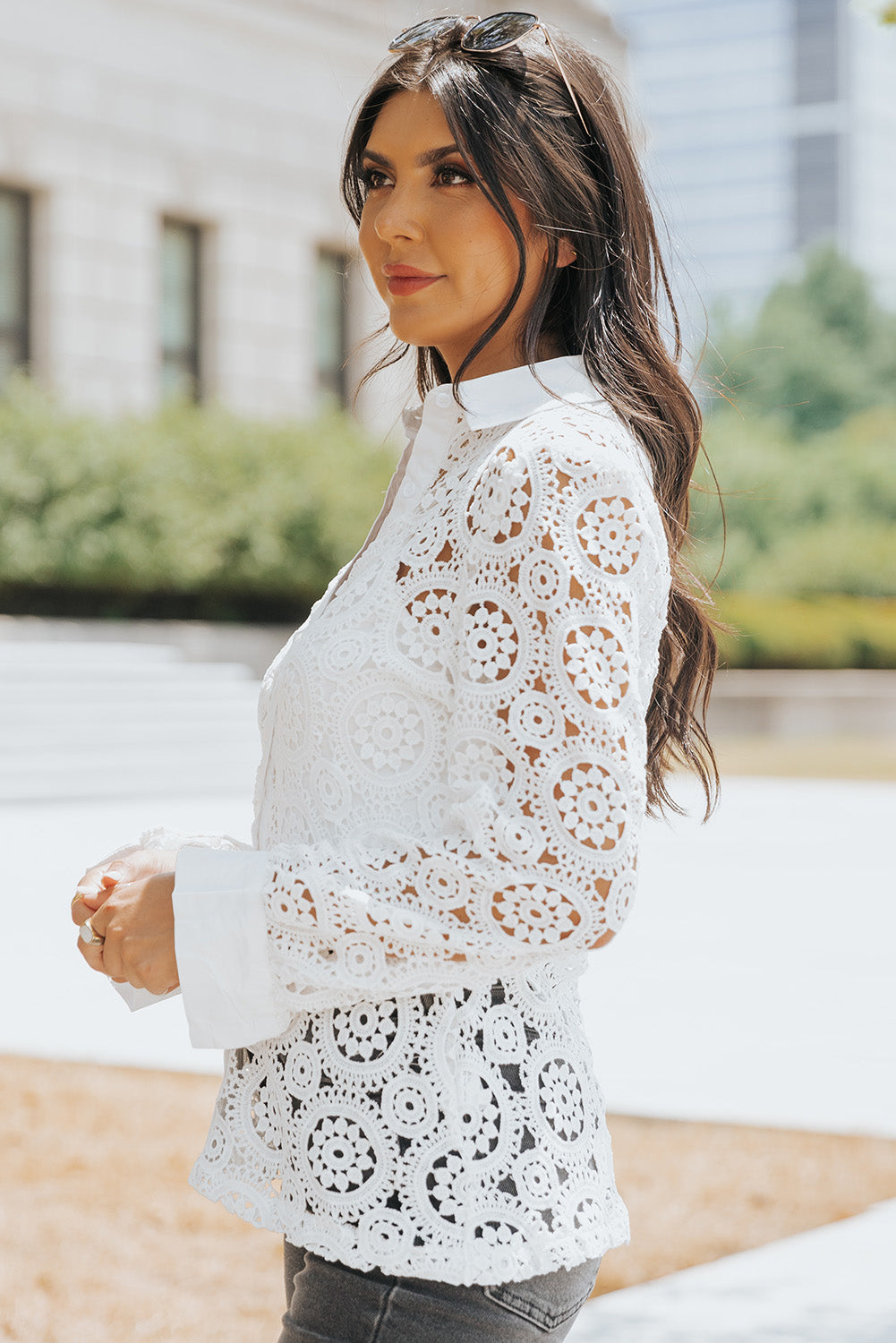 White Crochet Lace Hollow-out Turn-down Collar Shirt - LA Grand