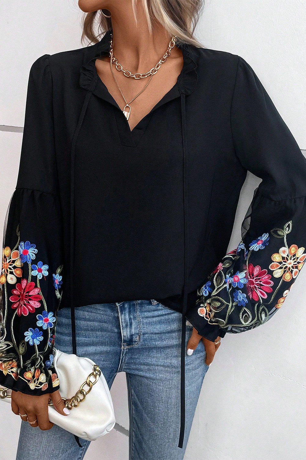 Black Floral Patched Flounce Sleeve Split Neck Blouse - LA Grand