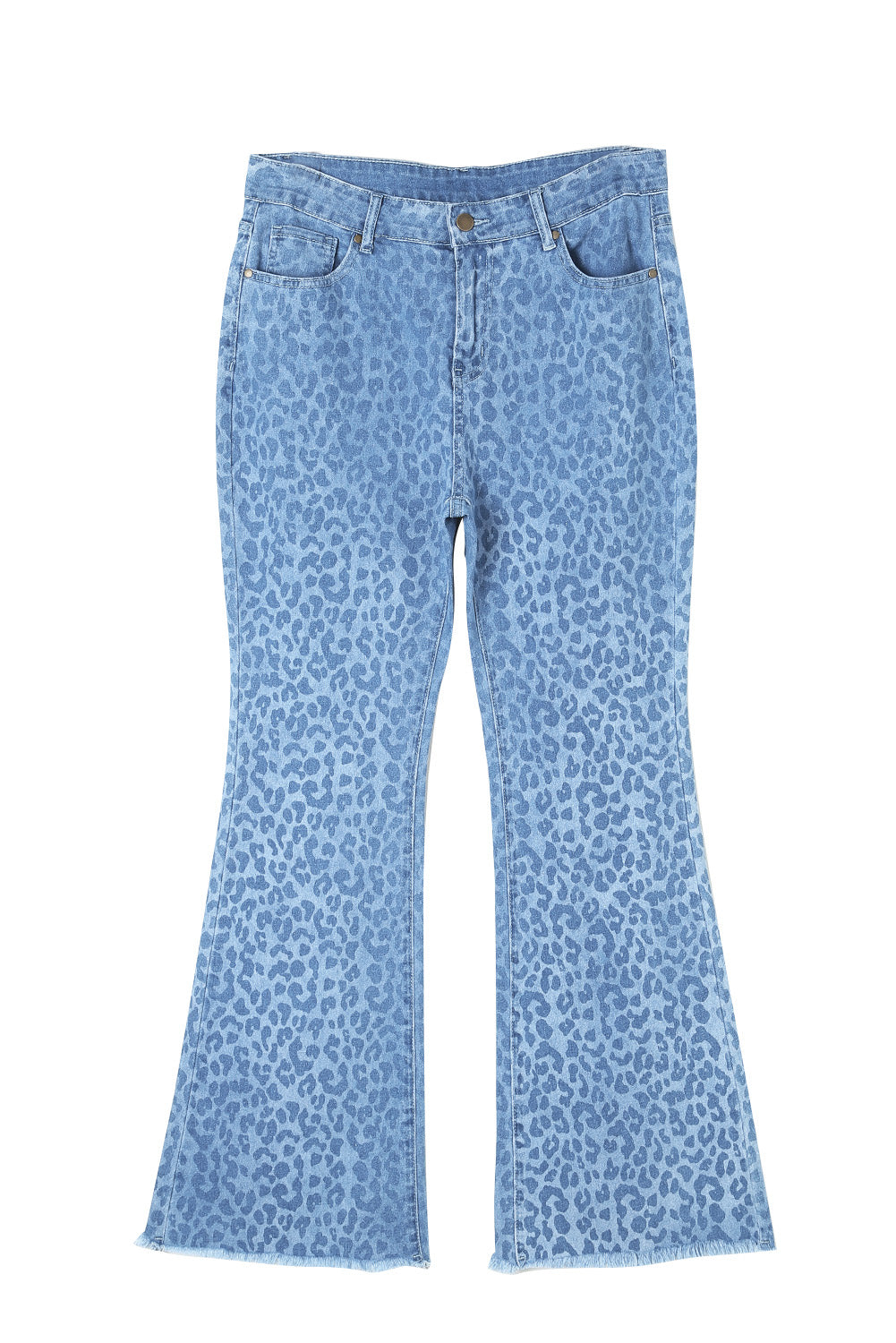 Sky Blue Leopard Print Raw Hem High Waist Flare Jeans - LA Grand