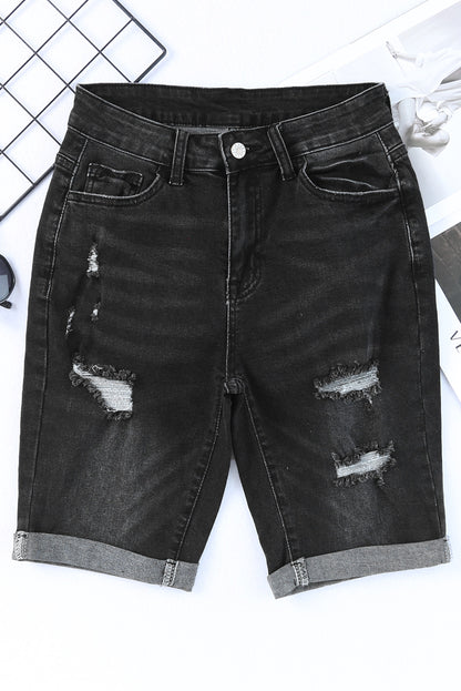 Blue Roll-up Distressed Bermuda Denim Shorts - LA Grand