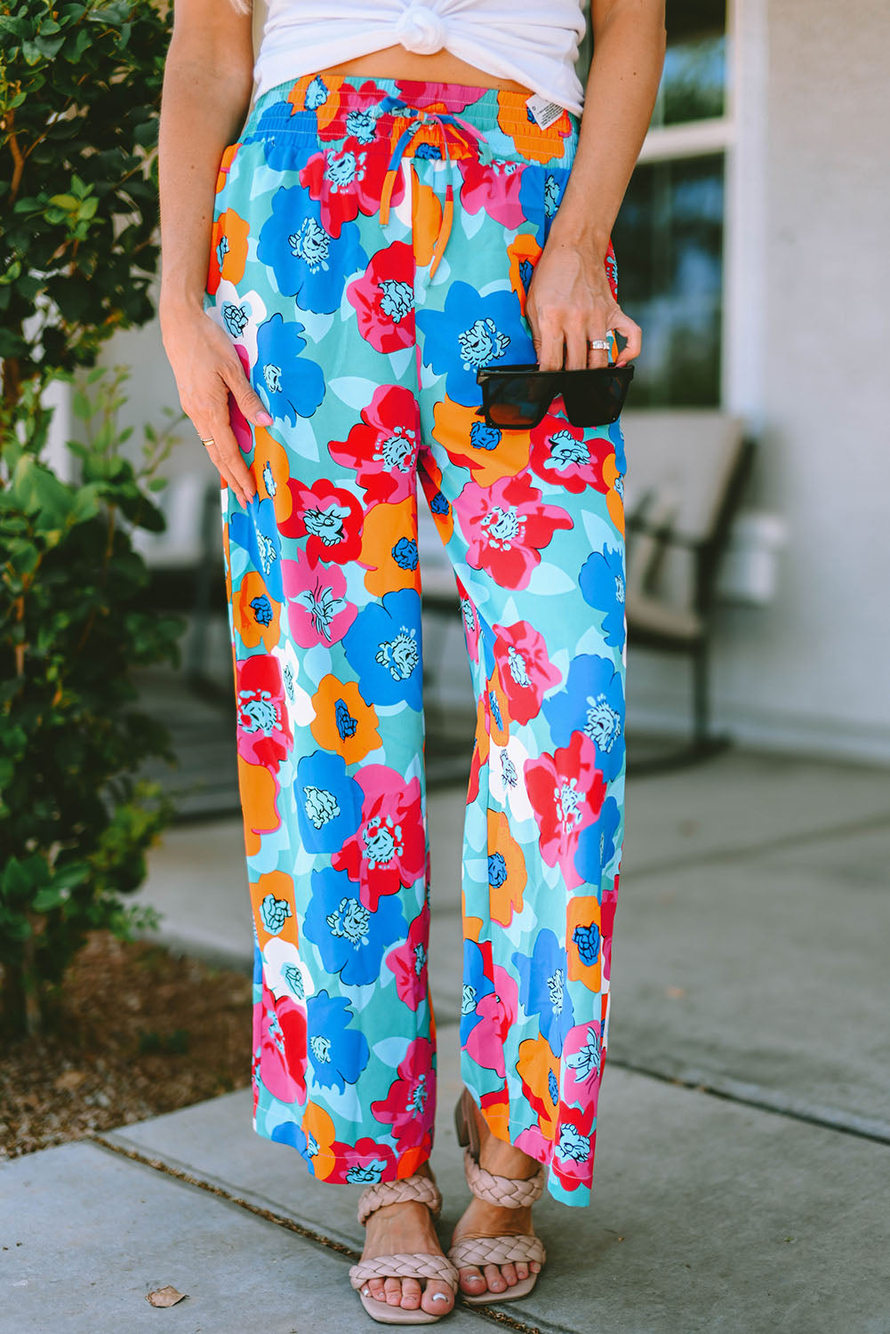 Multicolor Abstract Floral Print Drawstring Wide Waistband Pants - LA Grand