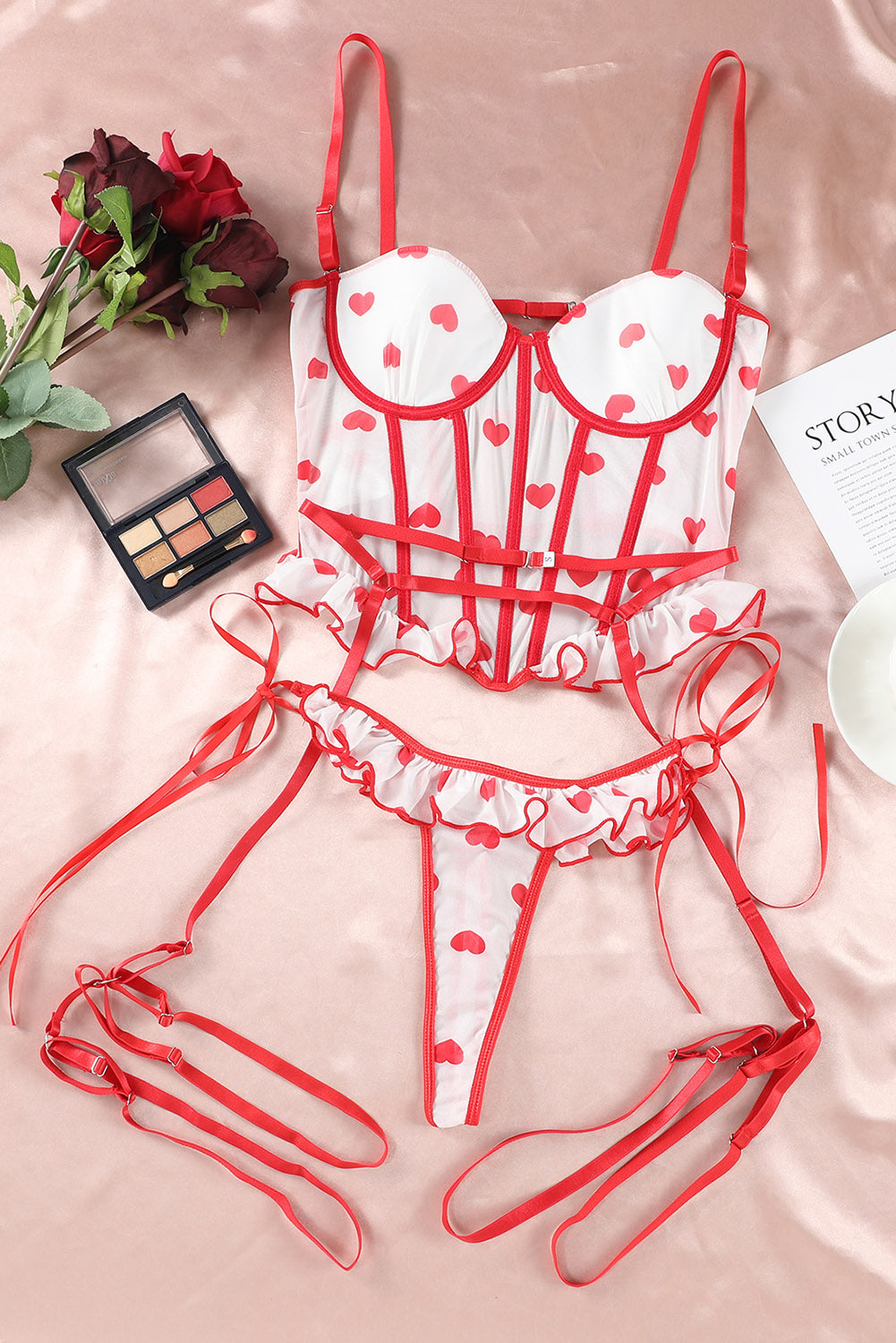 Fiery Red Heart Print Ruffled Strappy Three-piece Lingerie Set - LA Grand