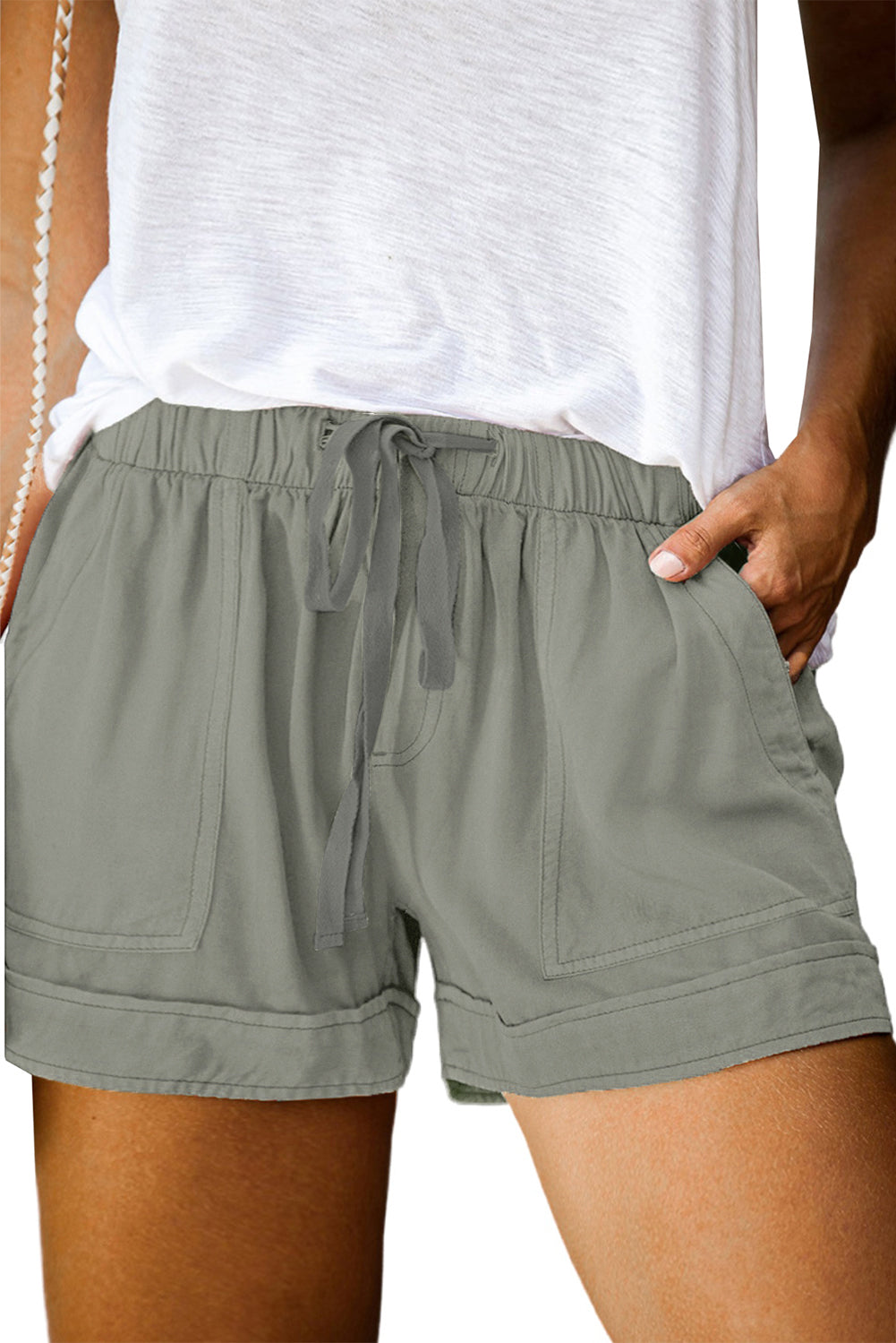 Green Gray Black/Fiery Red/Blue/Green/Gray/Apricot Elastic Waist Drawstring Pocket Shorts - LA Grand