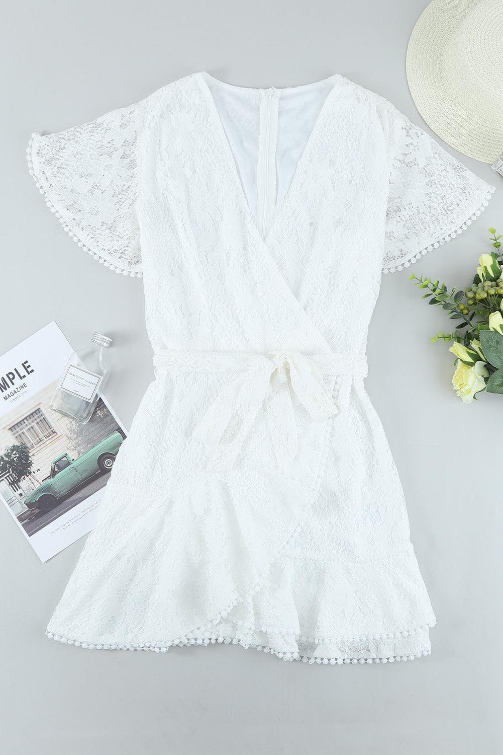 White Flutter Sleeve Wrap V Neck Floral Lace Short Dress - LA Grand