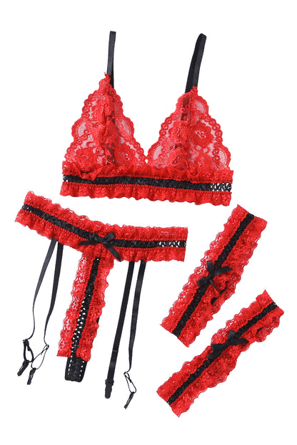 Fiery Red Sheer Lace Contrast Black Trim Lingerie Set - LA Grand