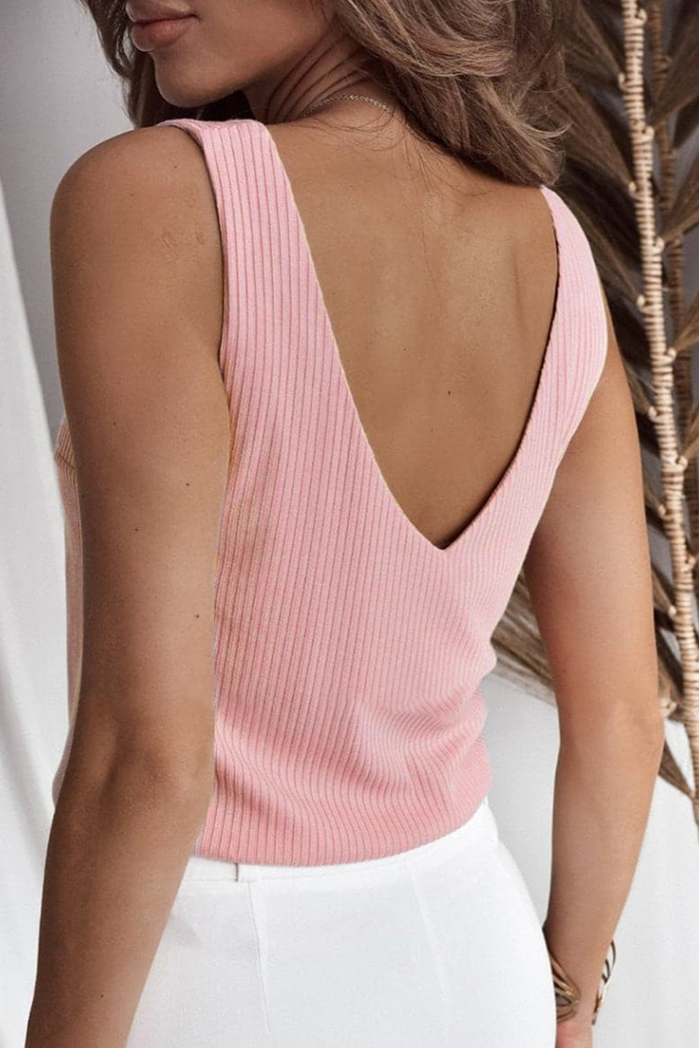 Light Pink V Neck Rib Textured Tank Top - LA Grand