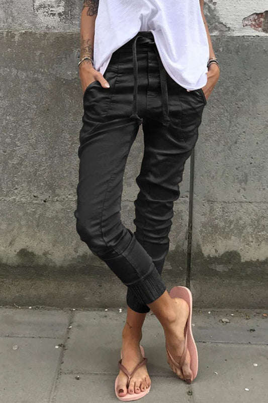 Black High Waist Drawstring Pocketed Pants - LA Grand