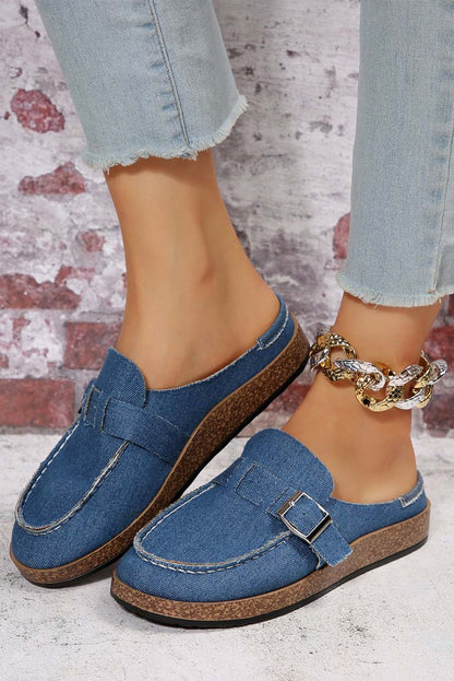 Sky Blue Buckle Decor Slip On Canvas Shoes - LA Grand