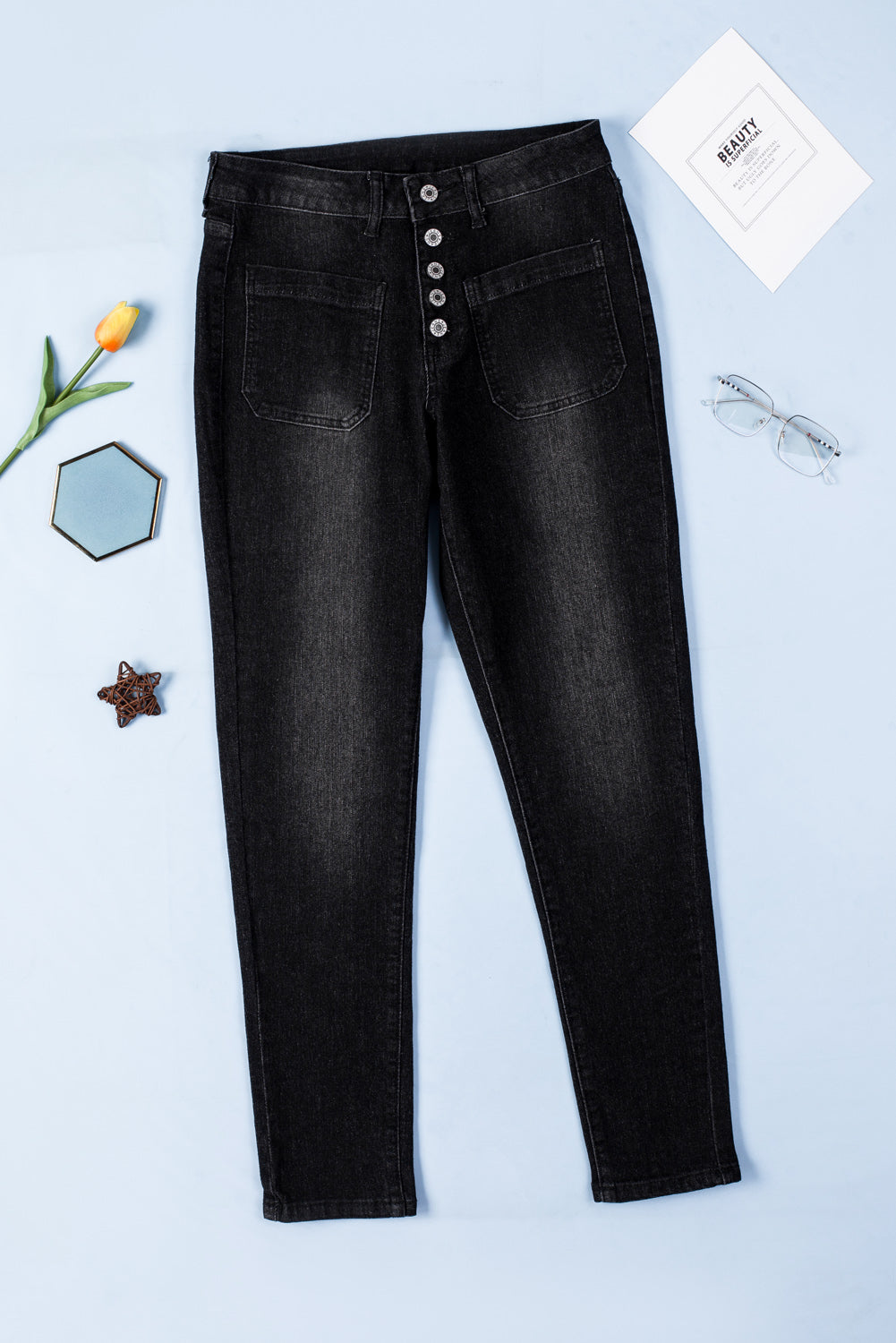 Dark Blue Button Fly Skinny Jeans with Pockets - LA Grand