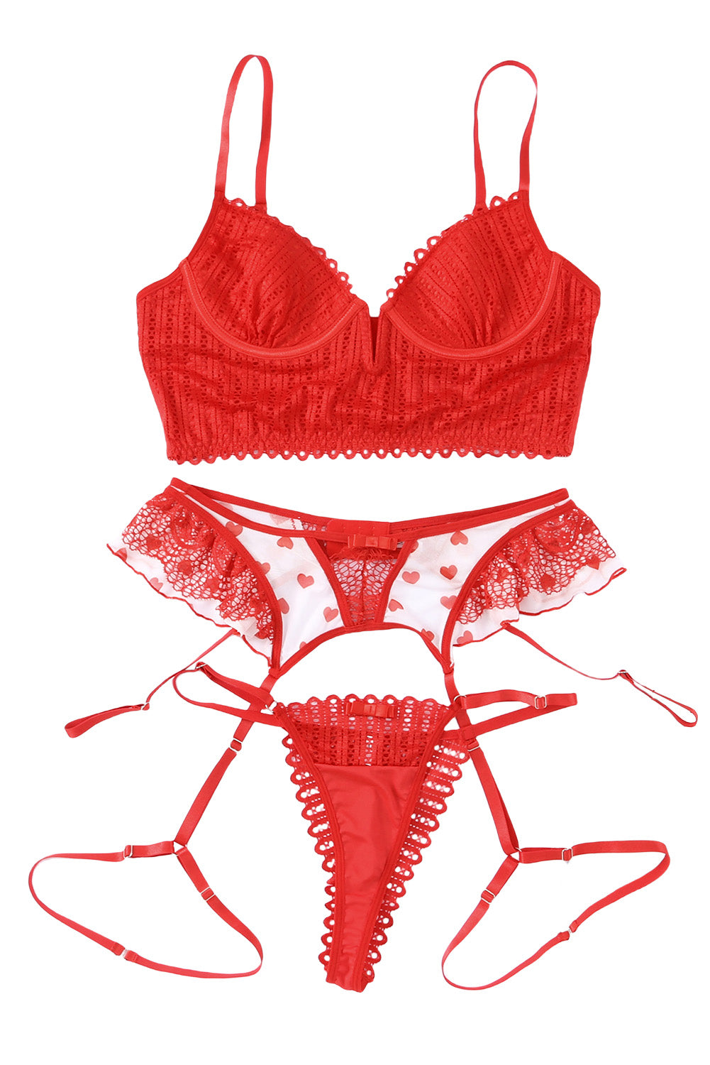 Fiery Red 3pcs Heart Print Mesh Splice Sexy Lingerie Set - LA Grand