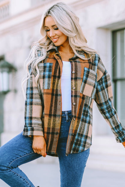 Brown Plaid Color Block Buttoned Shirt with Pockets - LA Grand