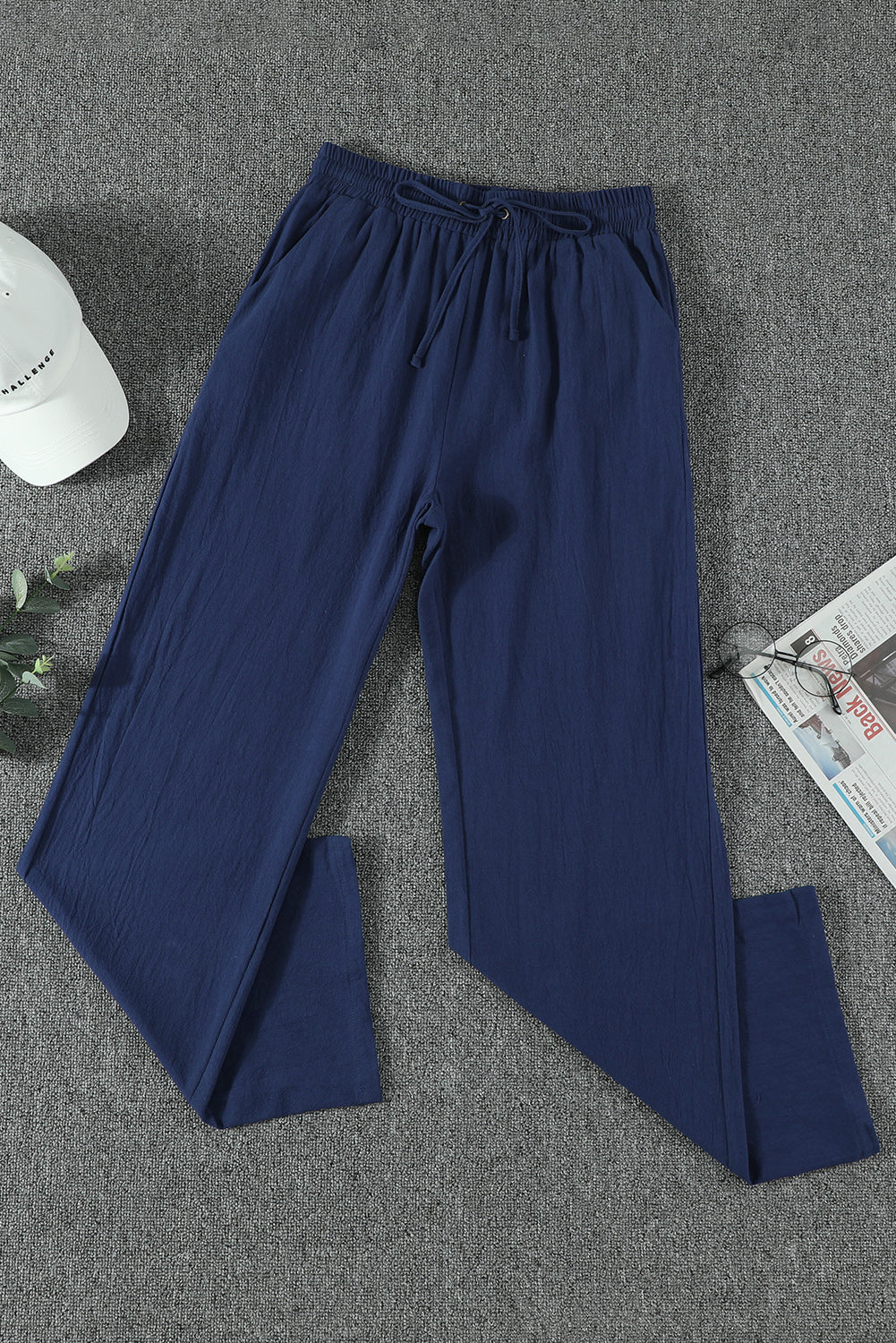 Blue Drawstring Elastic Waist Pockets Long Straight Legs Pants - LA Grand