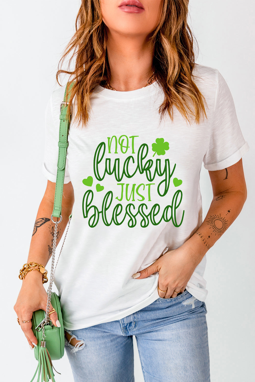 White St Patricks Not Luck Just Blessed Graphic T-shirt - LA Grand