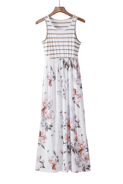 White Striped Floral Print Sleeveless Maxi Dress with Pocket - LA Grand