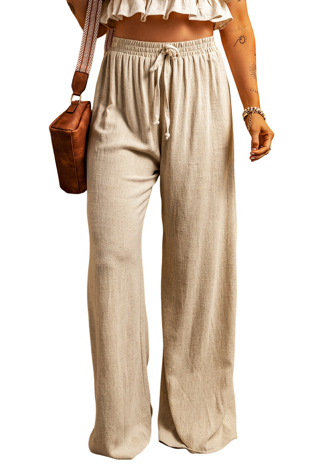 Apricot Lace-up Waist Floor Length Wide Leg Casual Pants - LA Grand