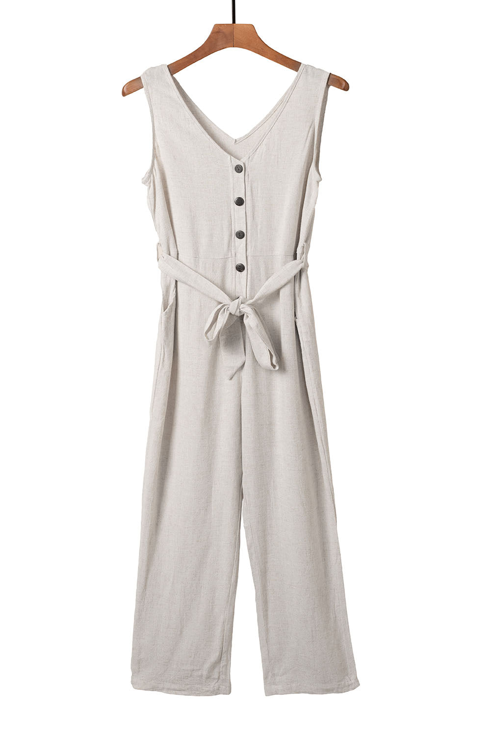 Black V Neck Button Belted Jumpsuit with Pockets - LA Grand