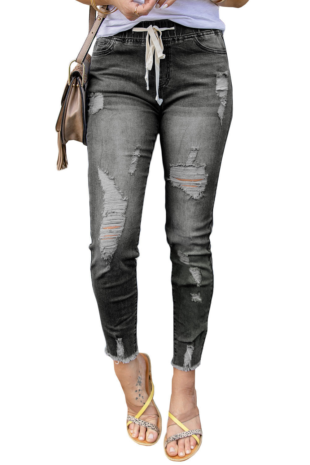 Gray Drawstring Elastic Waist Hole Ripped Jeans - LA Grand