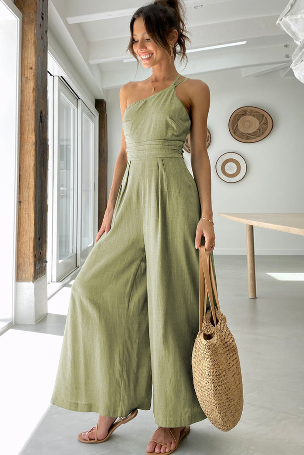 Green Asymmetric Thin Straps One-shoulder Wide Leg Jumpsuit - LA Grand