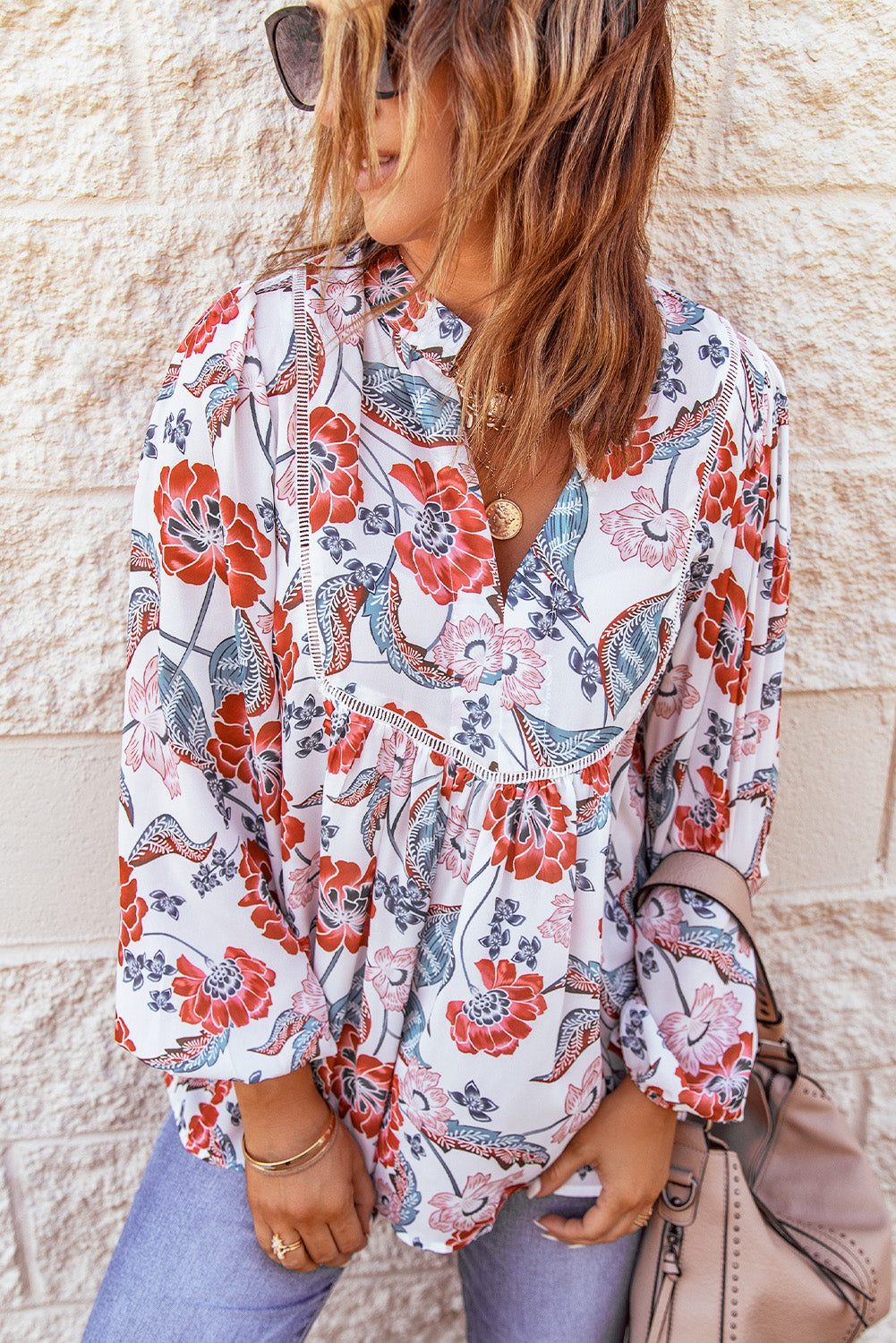 Fiery Red Split Neck Bubble Sleeve Floral Patchwork Blouse - LA Grand