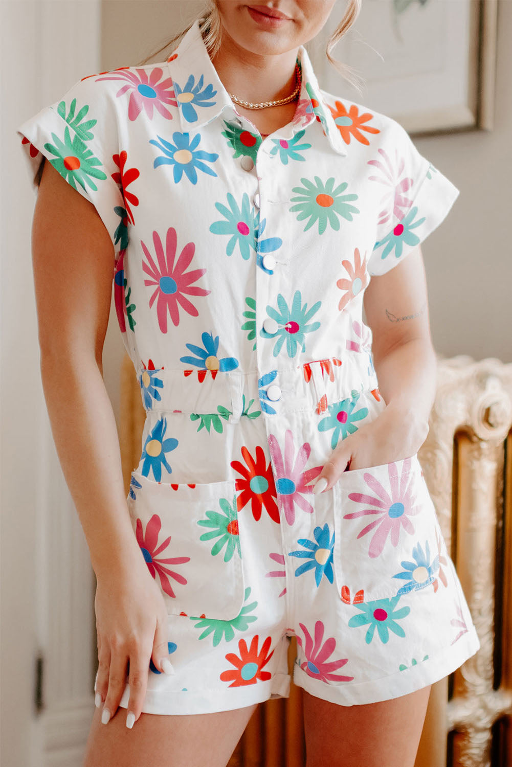 White Floral Buttoned Short Sleeve Romper - LA Grand