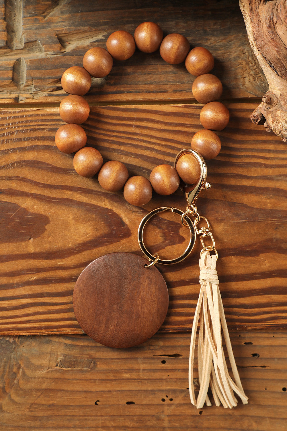 Brown Wood Beads Bracelet Tassel Keyring - LA Grand