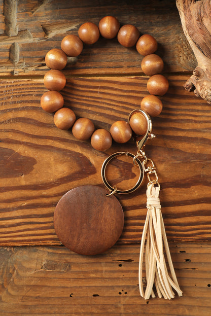 Brown Wood Beads Bracelet Tassel Keyring - LA Grand