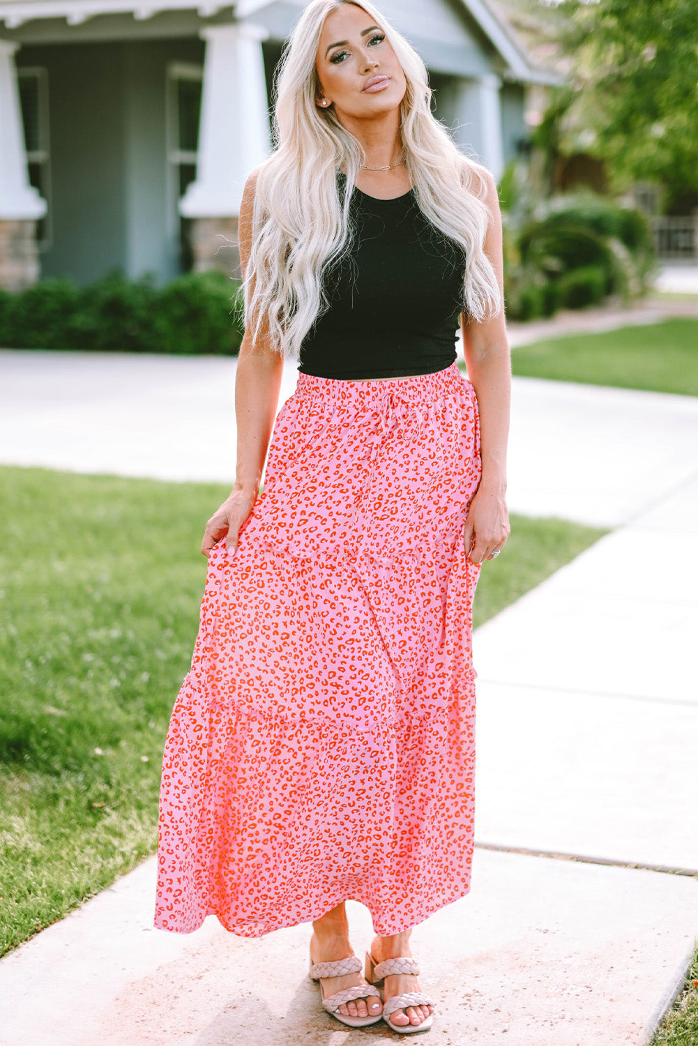 Pink Leopard Print Frilled Drawstring High Waist Maxi Skirt - LA Grand