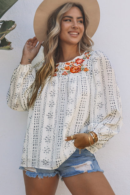 Beige Long Sleeve Embroidered Print Blouse - LA Grand