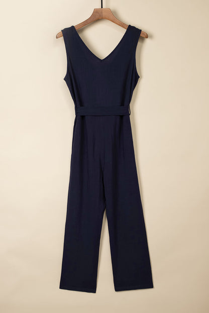 Black V Neck Button Belted Jumpsuit with Pockets - LA Grand