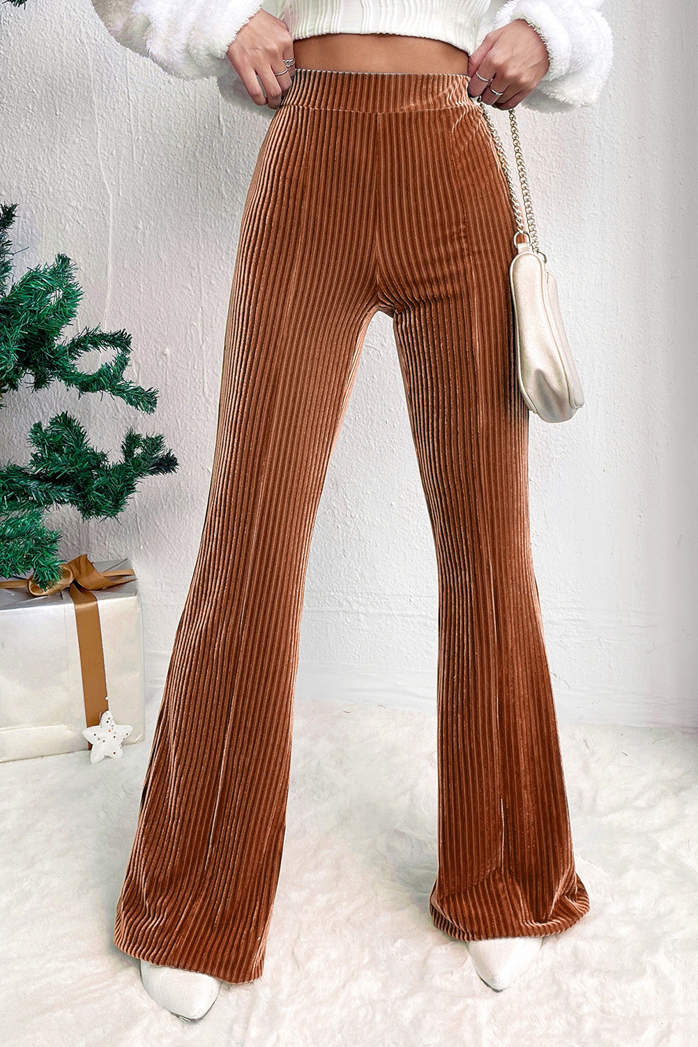 Chestnut Solid Color High Waist Flare Corduroy Pants - LA Grand