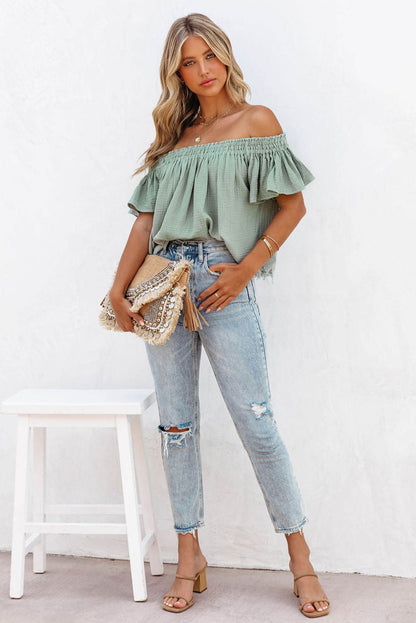 Green Off Shoulder Textured Ruched Ruffle Blouse - LA Grand