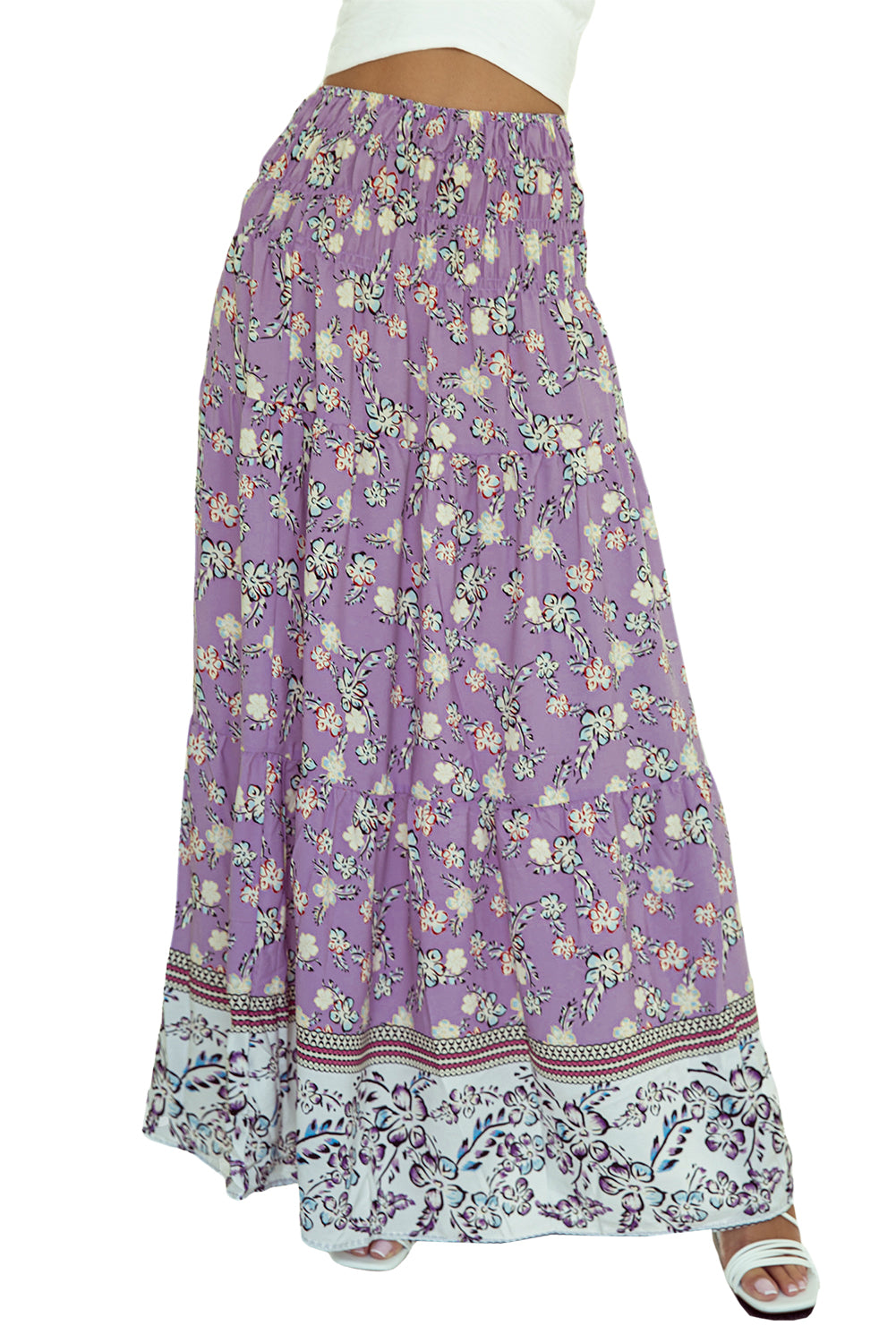 Purple Floral Print Shirred High Waist Maxi Skirt - LA Grand