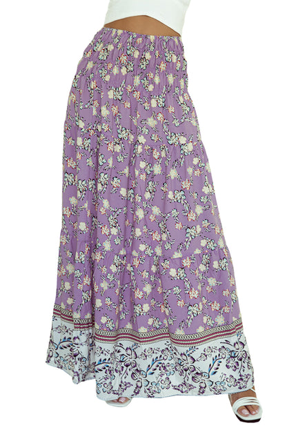 Purple Floral Print Shirred High Waist Maxi Skirt - LA Grand