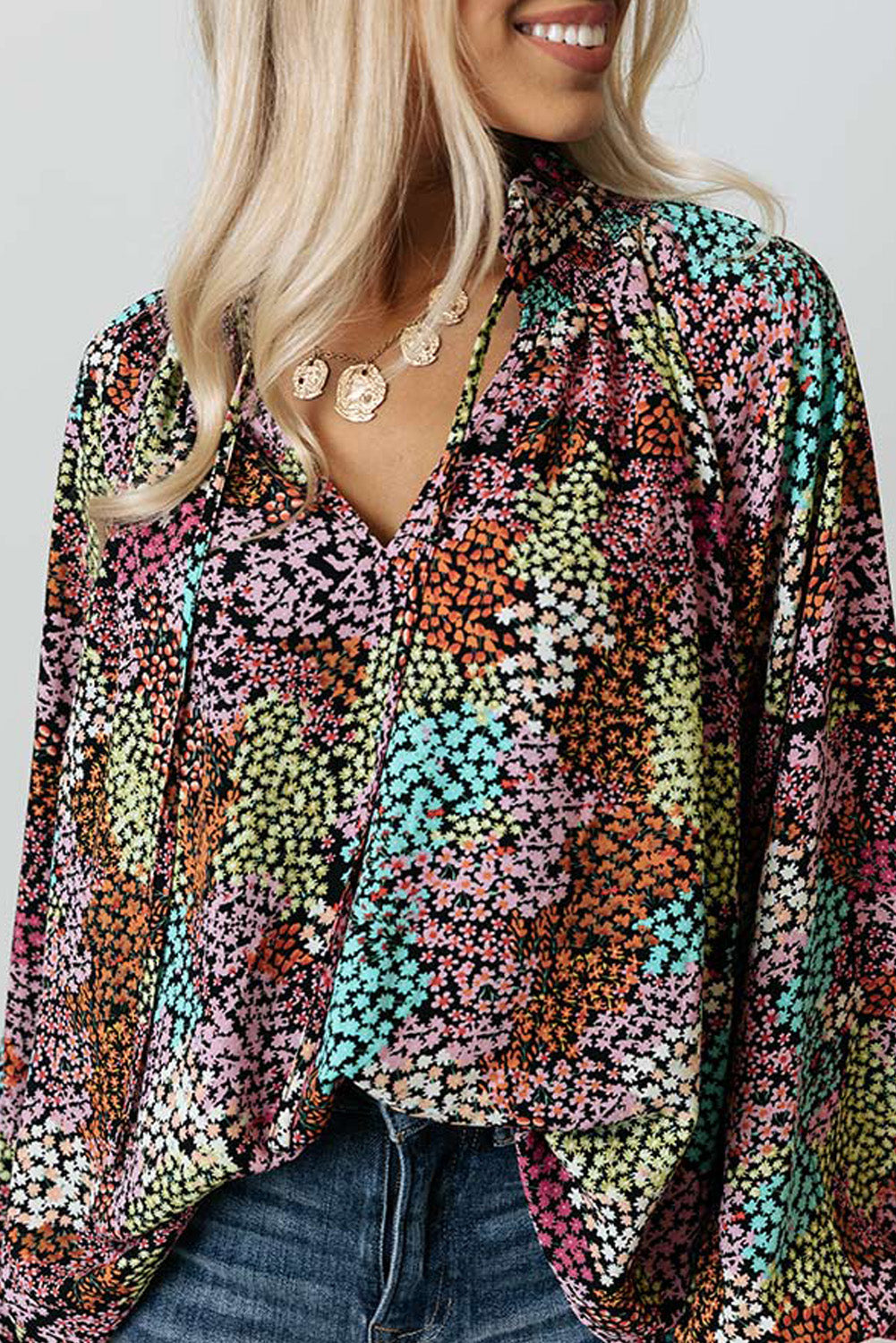 Multicolor Vibrant Floral Tie V Neck Puff Sleeve Blouse - LA Grand