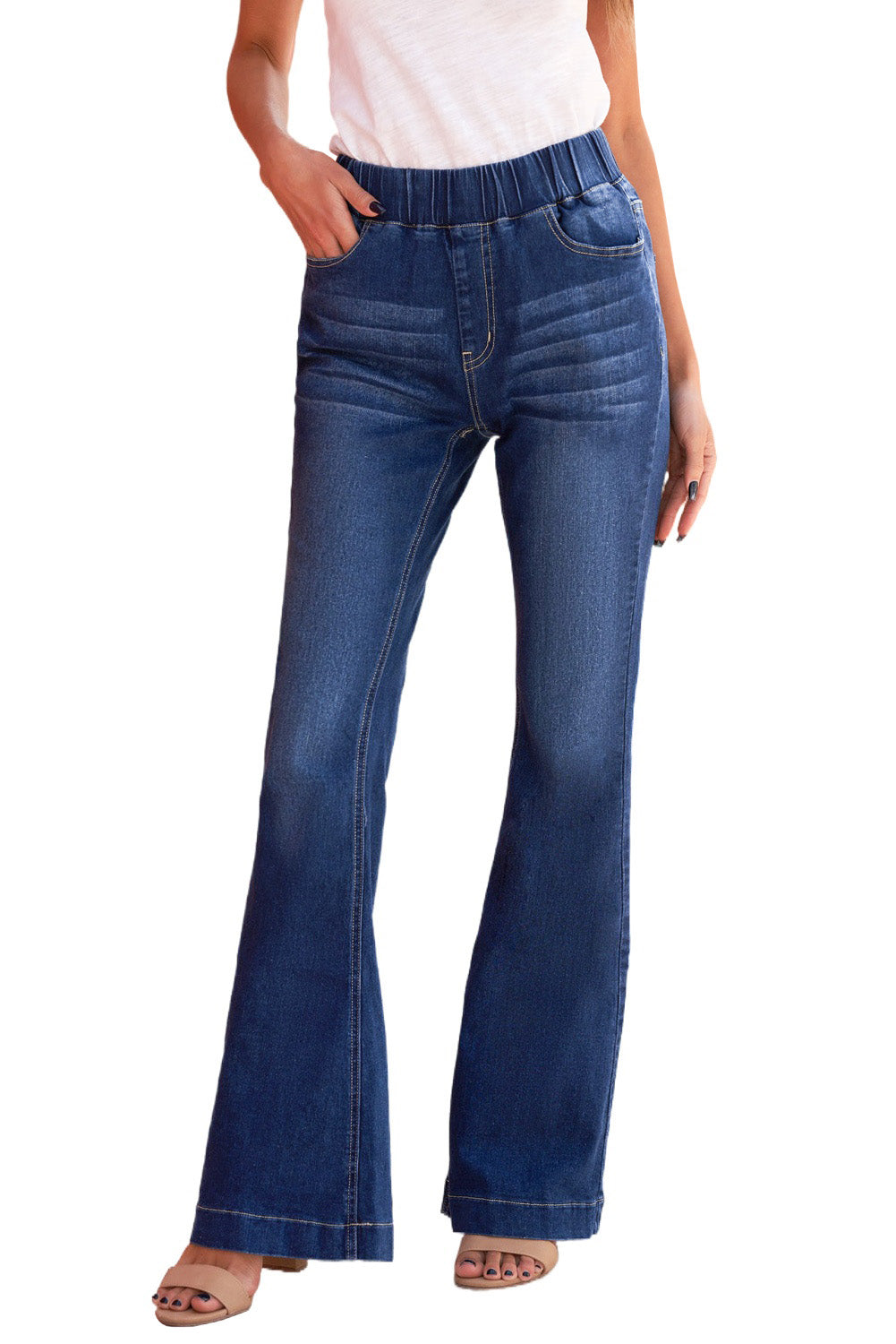 Blue High Rise Elastic Waist Flare Jeans - LA Grand