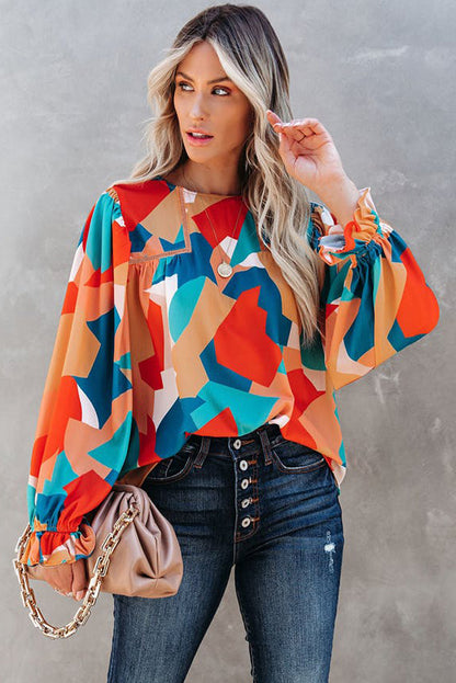 Abstract Pattern Crewneck Ruffled Puff Sleeve Blouse - LA Grand