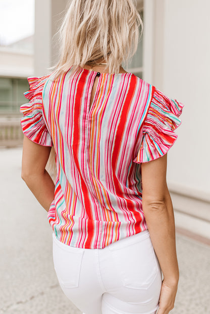 Multicolor Abstract Print Stitching Ruffle Sleeve Blouse - LA Grand