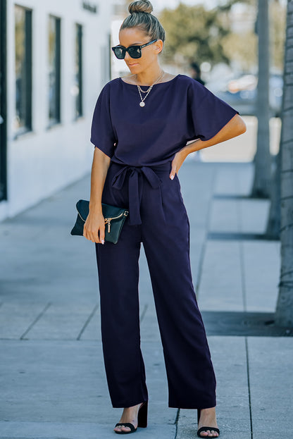 Indigo Glamour: Belted Wide Leg Jumpsuit - LA Grand