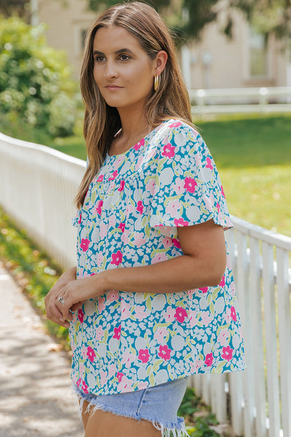 Sky Blue Floral Print O-neck Short Sleeve Babydoll Blouse - LA Grand