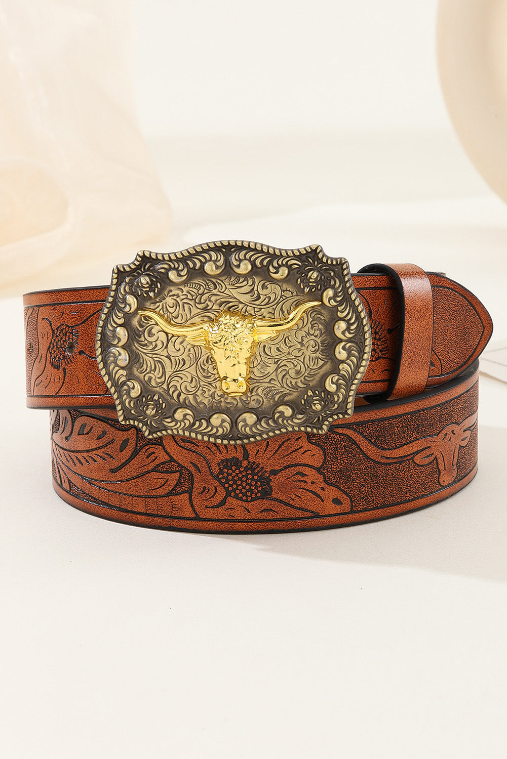 Brown Western Longhorn Bull Buckle Belt - LA Grand